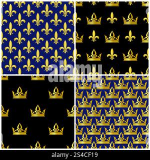 Goldene Kronen und Fleur de Lis nahtlose Muster Set. Goldene Kronen und Fleur de Lis nahtlose Muster Set. Illustration der Royal Background Kollektion Stock Vektor