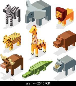 3D-Zeichentrickfilm isometrische afrikanische Tiere. Vektorzeichensatz. 3D-Zeichentrickfilm isometrische afrikanische Tiere. Vektorzeichensatz. Wildsafari mit Tieren, Giraffe mit Säugetieren in der Tierwelt. Tierset Illustration Stock Vektor