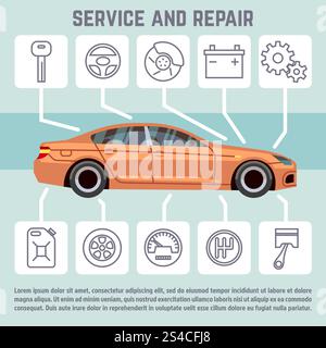 Infografikvorlage für Autoteile, Service- und Reparaturlinien. Fahrzeug- und Autoteile, Service- und Reparaturlinien-Symbole Vektor-Infografik-Vorlage. Banner mit Tachometergetriebe, Bremsen und Abbildung der Batterie Stock Vektor