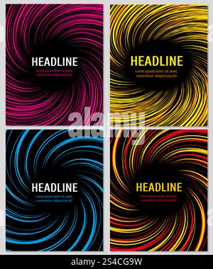 Spiralfarben-Geschwindigkeitslinien eingestellt. Vektorlayout für Geschäftsbroschüren. Spiralfarben-Geschwindigkeitslinien eingestellt. Vektorlayout für Geschäftsbroschüren. Spiralförmige Farbbroschüre oder Banner, kreisförmiges Muster auf der Illustration der Bannerseite Stock Vektor