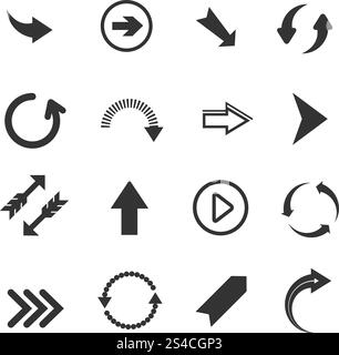 Pfeilvektor kennzeichnet Symbole. Pfeilsymbole. Vektorsatz mit runden Pfeilen, Rückgängig- und Wiedergabezeichen, Recyclingpfeile auf weißem Hintergrund Stock Vektor