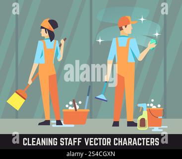 Putzpersonal Vektorfiguren Frau und Mann mit Werkzeugen. Putzpersonal Vektorfiguren Frau und Mann mit Reinigungswerkzeugen. Reinigungspersonal mit Besen, Reinigungspersonal des Service-Reinigungsteams Illustration Stock Vektor