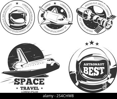 Vektoretiketten, Abzeichen und Embleme der Raumfahrt. Astronautics Logo-Set. Raketenetiketten, Astronautenabzeichen und Weltraumabzeichen Stock Vektor