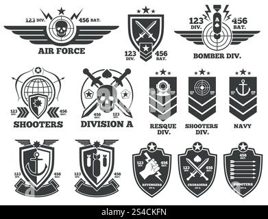 Vintage-Vektor-Etiketten und -Patches für Militärangehörige. Vintage-Vektor-Etiketten und -Patches für Militärangehörige. Emblem und Militärabzeichen, Patch-Abzeichen für die Illustration der Armee und der militärischen Luftwaffe Stock Vektor