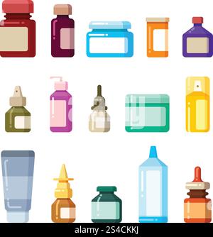 Arzneimittelflaschen für Medikamente, Pillen und Vitamine flache Vektorsymbole. Arzneimittelflaschen für Medikamente, Pillen und Vitamine flache Vektorsymbole. Vitamin und Antibiotikum in der Glasflaschendarstellung Stock Vektor