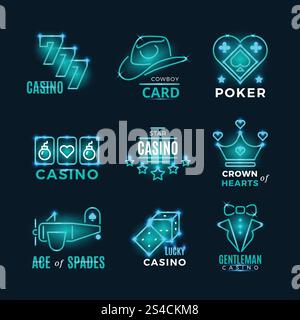 Vintage-Neon-Poker-Turnier und Casino-Vektor-Ikonen. Vintage-Neon-Poker-Turnier und Casino-Vektor-Ikonen. Logo für die Illustration des Casino Clubs Stock Vektor