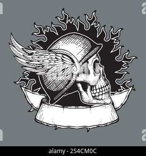 Retro Motorrad Vektor T Shirt Design Biker Skull Emblem. Retro Motorrad Vektor T Shirt Design Biker Skull Emblem. Fahrradtätowierhelm mit Flügeln Illustration Stock Vektor