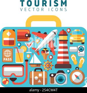 Reiseurlaubskonzept mit flachen Tourismus-Vektorsymbolen in Koffer-Form. Reiseurlaubskonzept mit flachen Tourismus-Vektorsymbolen in Koffer-Form. Set von Ikonen Strandurlaub, Illustration von Accessoires für Urlaub Stock Vektor
