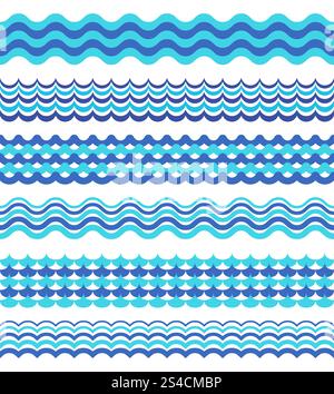 Eine Reihe von Meereswellen-Grenzen isoliert auf weiß. Eine Reihe von Meereswellen-Grenzen isoliert auf weiß. Dekorationsdesign mit Wellenwasser, Vektorillustration Stock Vektor