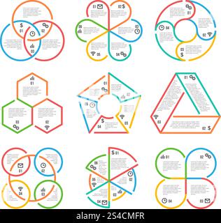 Farbe Dicke Linien Kreis, Dreieck, sechseckige, fünfeckige Infografiken Geschäftsumrisse Diagramme Diagramme Diagramme Vektorvorlagen Set. Farbige, dicke Linien, Kreis-, Dreieck-, Sechseck- und fünfeckige Infografiken Geschäftsumrisse Diagramme Diagramme Diagramme Vorlagen. Satz farbiger Banner mit Informationen. Vektorabbildung Stock Vektor