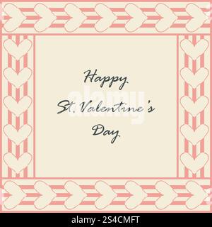 Festliche, schöne Grußkarte. Konturierter Rand. Niedlicher, dekorativer, geometrischer Rahmen in Herzform mit grafischem, linearem Design. Beschriftung des Textabschnitts. Rosa Stock Vektor