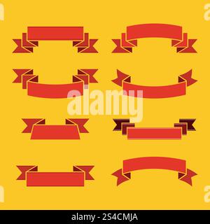 Rote Bänder für Beschriftung und Beschriftung auf gelbem Hintergrund. Rote Bänder für Beschriftung und Beschriftung auf gelbem Hintergrund. Dekoration für Feiertage und Feiertage. Vektorabbildung Stock Vektor