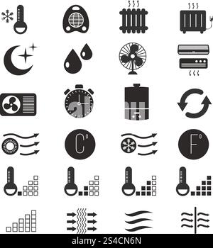 Vektorsymbole für Heizung und Kühlung, Klimaanlage. Vektorsymbole für Heizung und Kühlung, Klimaanlage. Klimaanlagen-Ausrüstung und Klimaregelung – Abbildung – Startseite Stock Vektor