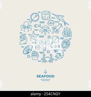 Meerestiere, dünne Linien mit Meeresfrüchten im Kreisdesign. Restaurant Modern Logo. Meerestiere, dünne Linien mit Meeresfrüchten im Kreisdesign. Meeresfrüchte-Restaurant mit modernem Logo. Hummer und Krabben, Garnelen und Lachs. Vektorabbildung Stock Vektor
