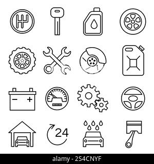 Autoteile, Serviceleistungen, Autoreparatur dünne Linien-Vektorsymbole gesetzt. Autoteile, Serviceleistungen, Autoreparatur dünne Linien-Vektorsymbole gesetzt. Abbildung Batterie und Öl, Bremse und Getriebe Stock Vektor