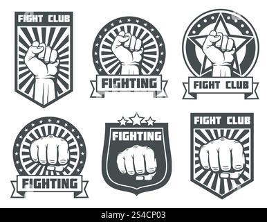 Kampf-Club mit Faust Vintage Labels, Logos, Emblems Vektor Set. Kampf-Club mit Faust Vintage Labels, Logos, Emblems Vektor Set. Boxsport, Kickboxen Logo-Illustration Stock Vektor