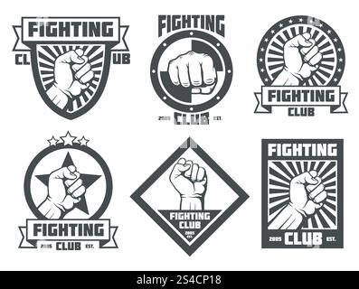 Kampfclub mma Lucha libre Vintage Vektor Embleme Labels Abzeichen Logos. Kampfclub mma Lucha libre Vintage Embleme Labels Abzeichen Logos mit Männerfaust. Vektorabbildung Stock Vektor