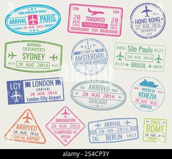 Internationales Reisevisum Reisepassstempel Vektor-Set. Internationales Reisevisum Reisepassstempel Vektor-Set. Paris und toronto, hongkong und Hafen von amsterdam Illustration Stock Vektor