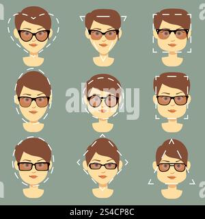 Verschiedene Sonnenbrillen, geeignet für Frauen Gesichter, Typ Vektor Infografik. Verschiedene Sonnenbrillen für verschiedene Frauengesichter Typ Vektor Infografik. Brille zum Schutz vor Sonnenillustration Stock Vektor