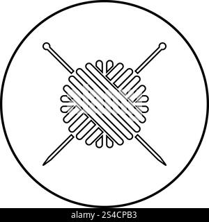 Ball der Wolle Garn und Stricknadeln Symbol Farbe Schwarz im Kreis runde Kontur Stock Vektor