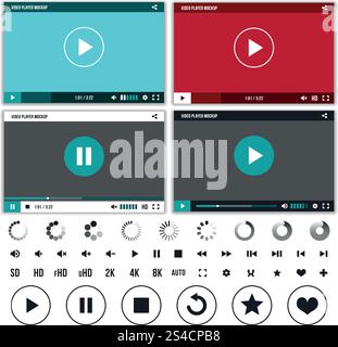 Mediaplayer mit eingestellten Tasten zur Videosteuerung. Mediaplayer mit eingestellten Tasten zur Videosteuerung. Set aus Interface-Player mit Tastensteuerung und Web-Video-Player. Vektorabbildung Stock Vektor