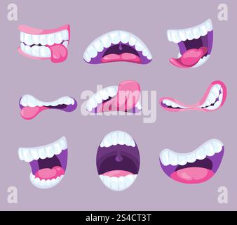 Lustige Vektor-Comic-Münder, die verschiedene Emotionen ausdrücken. Lustige Vektor-Comic-Münder, die verschiedene Emotionen ausdrücken. Lustiger Pharynx mit Zahn und rosa Zunge Illustration Stock Vektor