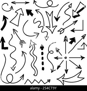 Handgezeichnete Pfeile Vektorsatz. Handgezeichneter Pfeil-Vektor. Satz von Pfeilen skizzieren und Zeichnung Kritzelpfeil Abbildung Stock Vektor