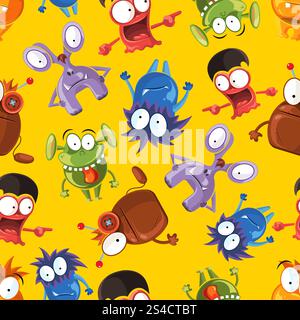 Nahtloses Vektor-Muster mit niedlichen Monstern. Nahtloses Vektor-Muster mit niedlichen Monstern. Lustige Monster-Charaktere auf gelbem Hintergrund Stock Vektor