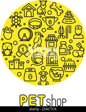 Tiergeschäft und Tierarzt Klinik Vektor-Logo mit Linien-Icons von Katzen, Hunden, Waren für Tiere. Tiergeschäft und Tierarzt Klinik Vektor-Logo mit Linien-Icons von Katzen, Hunden, Waren für Tiere. Lineare Zwinger und Aquarium zur Darstellung von Haustieren Stock Vektor