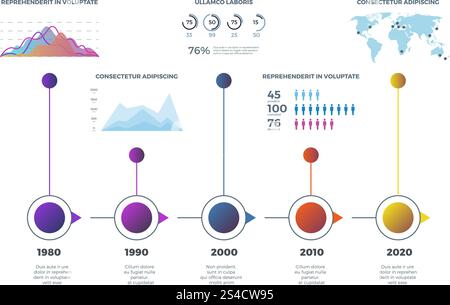 Infografik zur Zeitachse mit Diagrammen, Diagrammen. Vektorvorlage. Infografik zur Zeitachse mit Diagrammen, Diagrammen. Infografik-Zeitacheninformationen und farbige Illustration der Vektorvorlage Stock Vektor