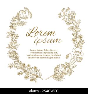 Hochzeitskranz mit wilden Blumen und Kräutern. Vektor-Vintage-Illustration. Hochzeitskranz mit wilden Blumen und Kräutern. Blumenkranz und Karte Blumenkranz. Vektor-Vintage-Illustration Stock Vektor
