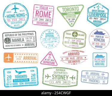 Internationale Geschäftsreise Visumstempel Vektor Ankunft Schild Set. Internationale Geschäftsreisen Visumstempel Vektor Ankunftsschild. Satz von verschiedenen Gummistempel City Illustration Stock Vektor