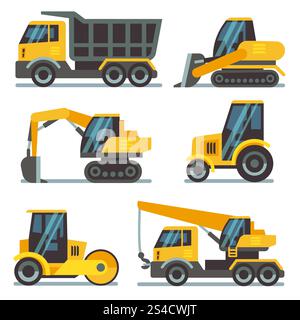 Symbole für Baumaschinen, schwere Maschinen, Fahrzeuge mit flachen Vektoren. Baufahrzeuge, Schwermaschinen, Baufahrzeuge flache Vektorsymbole. Abbildung: Bagger und Kran, Bagger und Lader Stock Vektor