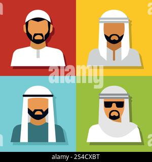 Avatar der Menschen aus dem Nahen Osten. Nahöstliche Leute Avatar isoliert auf farbigem Hintergrund. Vektorabbildung Stock Vektor