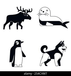 Polartiere im einfachen Stil auf weißem Schatten. Polartiere im einfachen monochromen Stil auf weißem Schatten. Vektorabbildung Stock Vektor