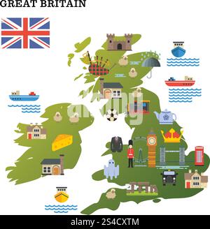 Reisekarte für Großbritannien mit Symbolen für Wahrzeichen Vektorillustration. Karte von Großbritannien mit berühmten Wahrzeichen. Reisekarte für Großbritannien mit Symbolen für Wahrzeichen Vektorillustration Stock Vektor