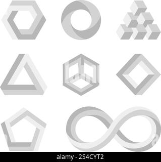 Paradox unmögliche Formen, 3D-verdrehte Objekte, mathematische Vektorsymbole. Visuell unmöglich Stil, Darstellung der Geometrie unmöglich Schleife für Logo. Paradox unmögliche Formen, 3D-verdrehte Objekte, mathematische Vektorsymbole Stock Vektor