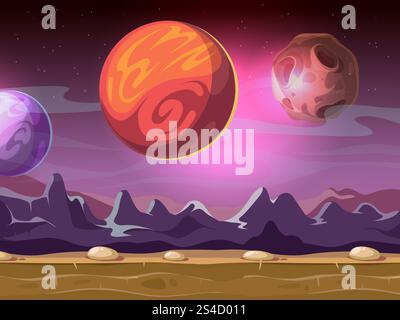 Cartoon Alien fantastische Landschaft mit Monden und Planeten am Sternenhimmel für Computerspiele Hintergrund. Cartoon Alien fantastische Landschaft mit Monden und Planeten am Sternenhimmel für Computerspiele Hintergrund. Fiktive gui mit Bergillustration Stock Vektor