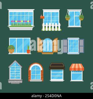 Fenster mit Fensterbänken Vorhänge Blumen Balkone Flachvektorset. Fenster mit Fensterbänken Vorhänge Blumen Balkone Flachvektorset. Illustration verschiedener architektonischer Kunststofffenster Stock Vektor