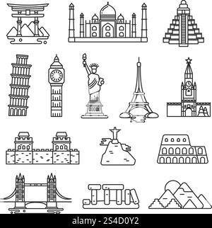 Symbole für internationale Landmarken Vektorlinien. Set von Wahrzeichen berühmtes Denkmal, stonehenge Wahrzeichen und kolosseum Illustration. Symbole für internationale Landmarken Vektorlinien Stock Vektor