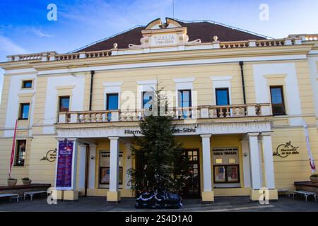 Weihnachtsbaum vor der Philharmonie in Sibiu, Rumänien Stockfoto