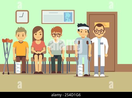 Patienten im Wartezimmer der Ärzte im Krankenhaus, in der medizinischen Klinik. Gesundheitsvektorkonzept. Leute, die in der Klinik warten, Illustration der Schlange von Kranken zum Arzt. Patienten im Wartezimmer der Ärzte im Krankenhaus, in der medizinischen Klinik. Gesundheitsvektorkonzept Stock Vektor