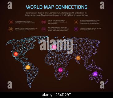 Vector World polygonale Kartenkommunikation Infografik-Vorlage mit Legende. Lineare Weltkarte, Illustration des globalen Karten-Internets. Vector World polygonale Kartenkommunikation Infografik-Vorlage mit Legende Stock Vektor