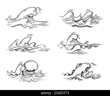 Handgezeichnete Vektorwellen in Schwarz über weiß. Element der linearen Meereswellendarstellung. Handgezeichnete Vektorwellen in Schwarz über weiß Stock Vektor