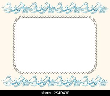Nautischer Vektorrahmen mit Seilen und blauen Wellen. Vintage-Vorlage der Rahmenillustration. Nautischer Vektorrahmen mit Seilen und blauen Wellen Stock Vektor