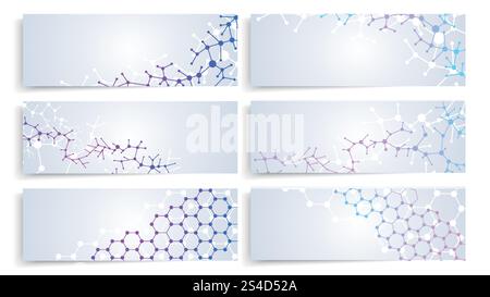 DNA-Molekülstruktur, Hirnzellverbindung. Medizinische Banner für Vektorchemie. Set aus Karte und Poster mit Illustration des Molekülstrukturmusters. DNA-Molekülstruktur, Hirnzellverbindung. Vektor Chemie medizinische Banner Set Stock Vektor
