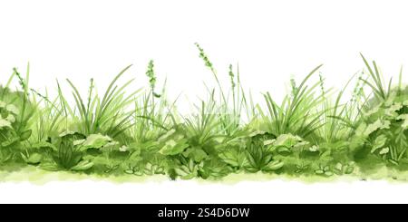 Grünes Gras und üppige Büsche auf einem nahtlosen Muster. Digitale Illustration mit Aquarell. . Frühlingsgrün und natürliche Landschaft, isoliert auf weißem Hintergrund Stockfoto