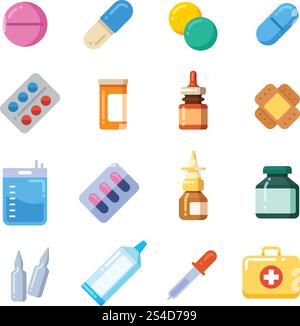 Medizin Cartoon Pille, Medikament, Tabelle, Antibiotika, Medikamente Dosis flache Symbole. Farbsymbole Medikament für Medikamente, Vitaminchemikalien-Illustration. Medizin Cartoon Pille, Medikament, Tabelle, Antibiotika, Medikamente Dosis flache Symbole Stock Vektor