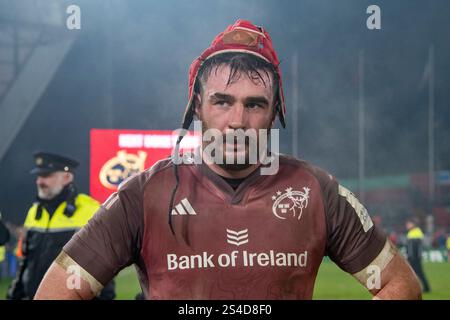 Limerick, Irland. Januar 2025. John Hodnett aus Munster während des Investec Champions Cup, Pool 3, Runde 3 Spiel zwischen Munster Rugby und Saracens im Thomond Park in Limerick, Irland am 11. Januar 2025 (Foto: Andrew SURMA/ Credit: SIPA USA/Alamy Live News Stockfoto