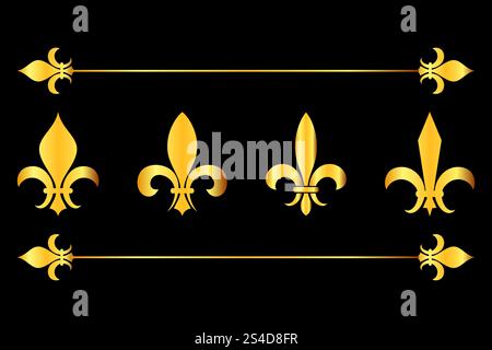 Goldener Vektor Fleur de Lys Design Elemente schwarzer Hintergrund. Illustration der französischen Blumenlilie. Goldener Vektor Fleur de Lys Design Elemente schwarzer Hintergrund Stock Vektor